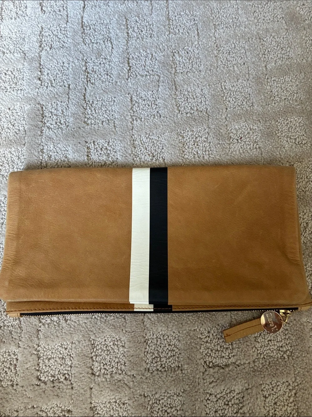Clare V Foldover Clutch Tan with Black and White Stripe Gold Hardware - Picture 2 of 5